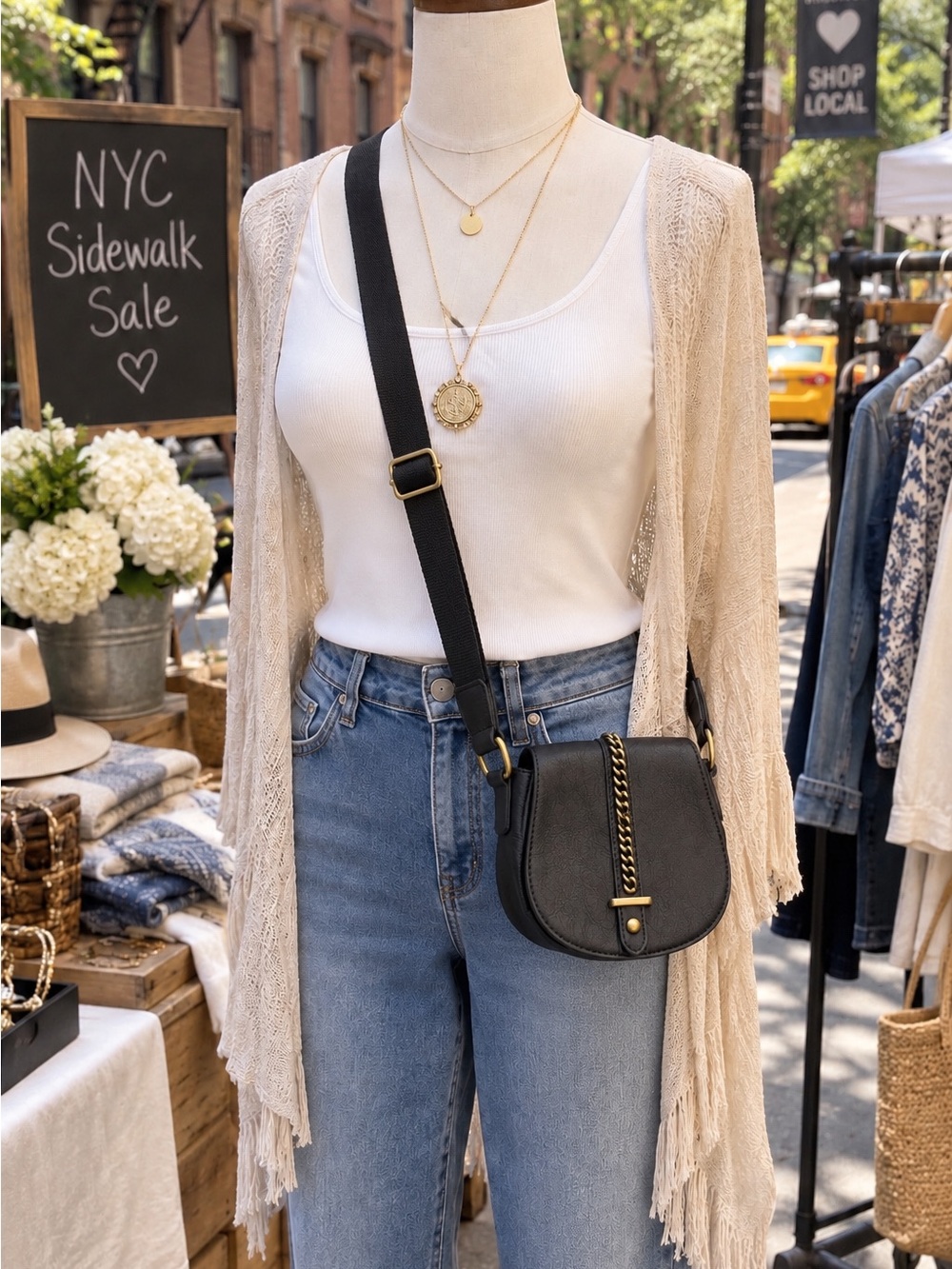 Women's Black Crossbody Saddle Bag with Brass Chain Accent